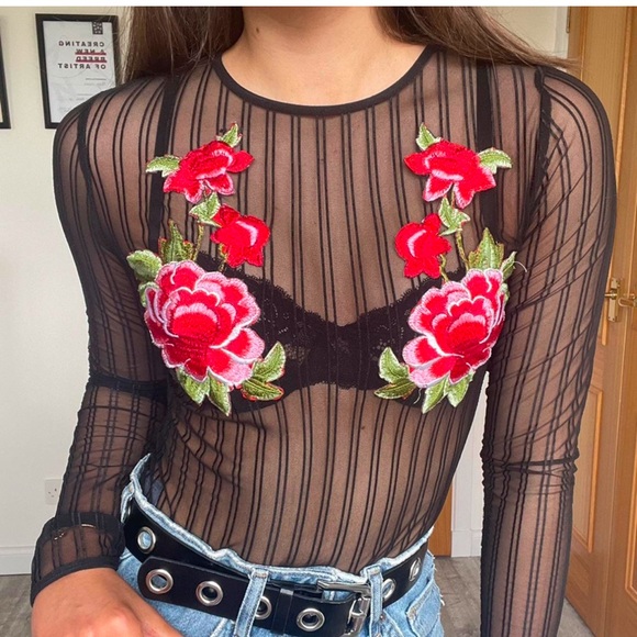 Pretty Little Thing Sheer Striped Long Sleeve Rose Appliqué Bodysuit Top - Picture 1 of 2